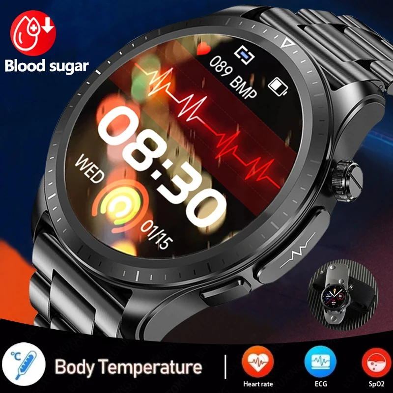 

2023 Blood Glucose Monitoring Smart Watch Men ECG+PPG Heart Rate Blood Pressure Thermometer IP68 Waterproof Sports SmartWatch