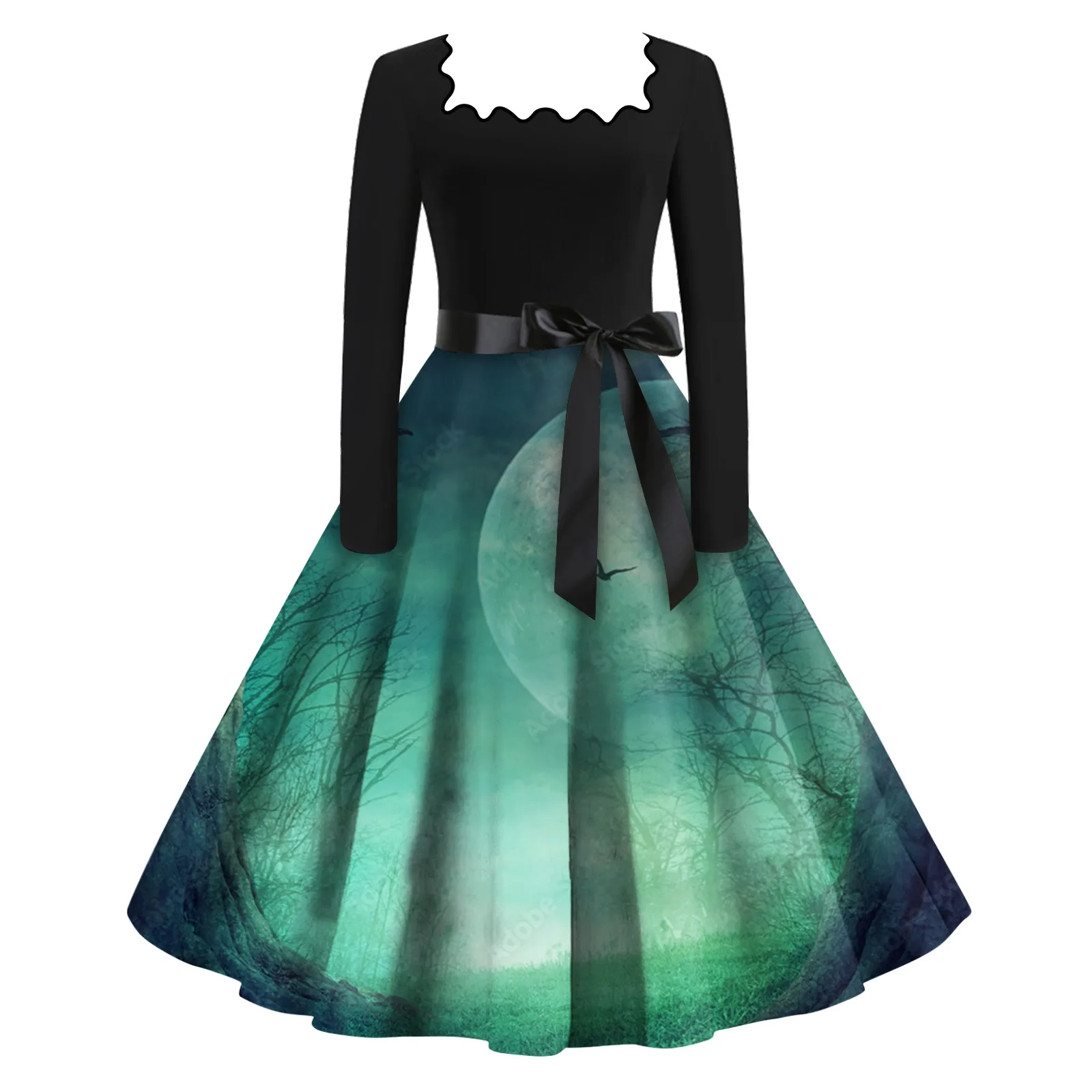 

Women's Casual Bodycon Vintage Fashion Square Neck Long Sleeve Robe Halloween Scary Printed Cosplay Dresses Vestidos De Fiesta