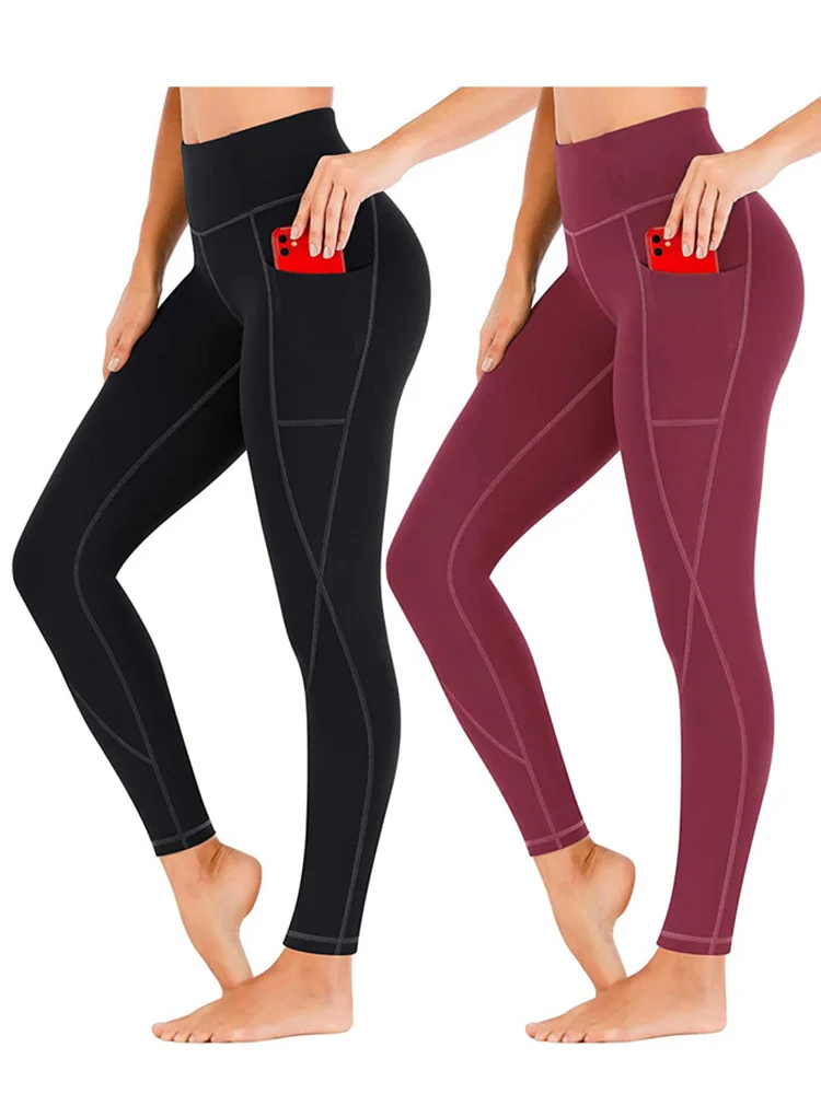 

New Yoga Pants Women Leggings For Fitness Pockets Push Up Tights Polyester High Waist Long Solid Black Tummy Control Gym