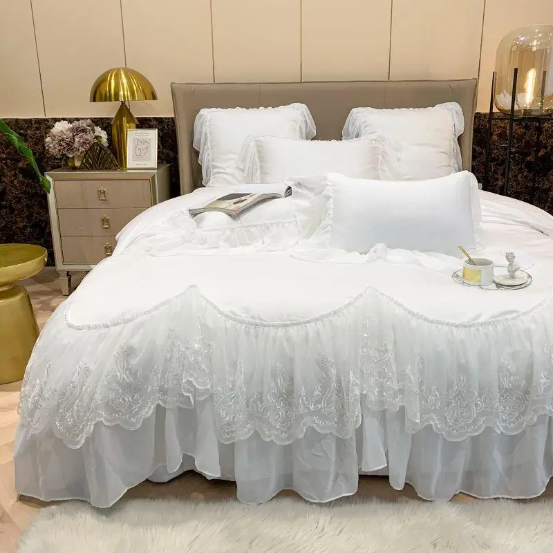 

Lace Embroidery Bedding Set Luxury White Egyptian Cotton Romantic Wedding Princess Quilt/Duvet Cover Bed Sheet Pillowcases