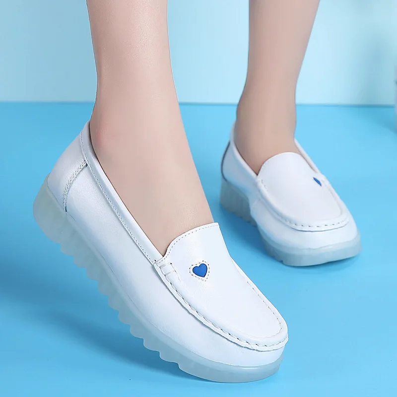 Women's Shoes Comfortable Soft-soled Work Shoes White Slope Heel Increased Leather Deodorant Hospital Nurse Shoes