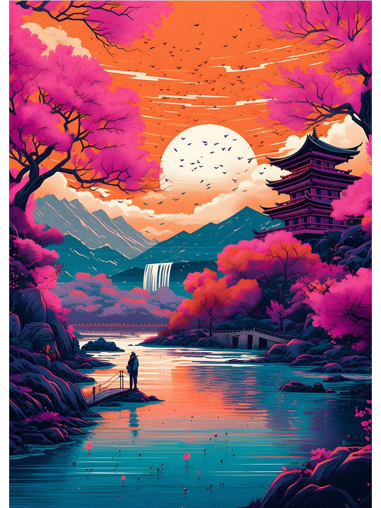 Cherry Blossom Koi Fish Moon Lake Magic Art Poster Painting