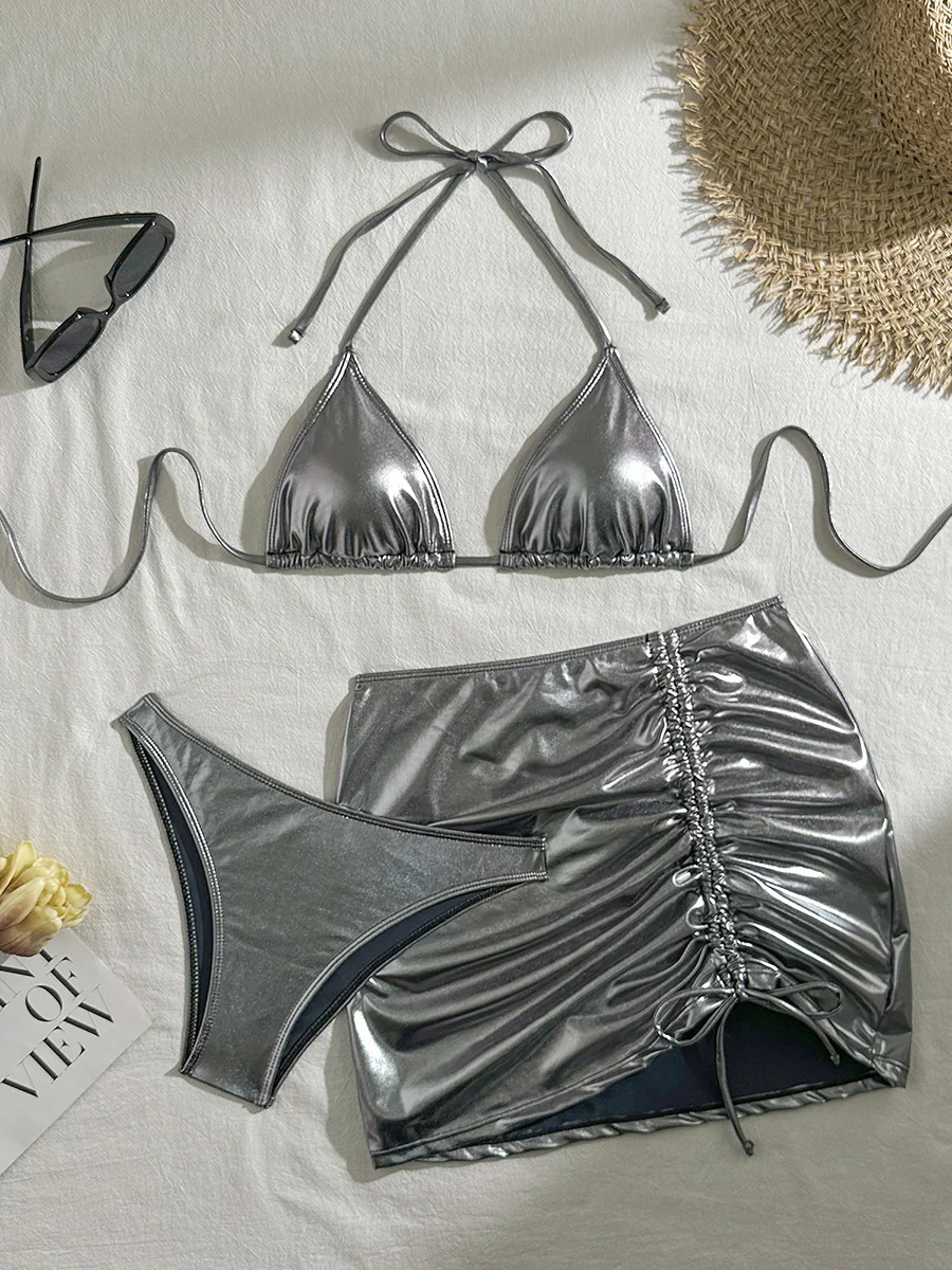 PU Faux Leather Halter Thong Bikini Set – Sexy Mini Two-Piece Swimwear for Women