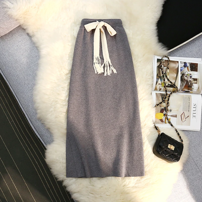 

Black Knitted Skirts Women Elastic Drawstring Waist Split Pencil Skirt Korean Casual Solid Bodycorn Long Midi Skirt New T328