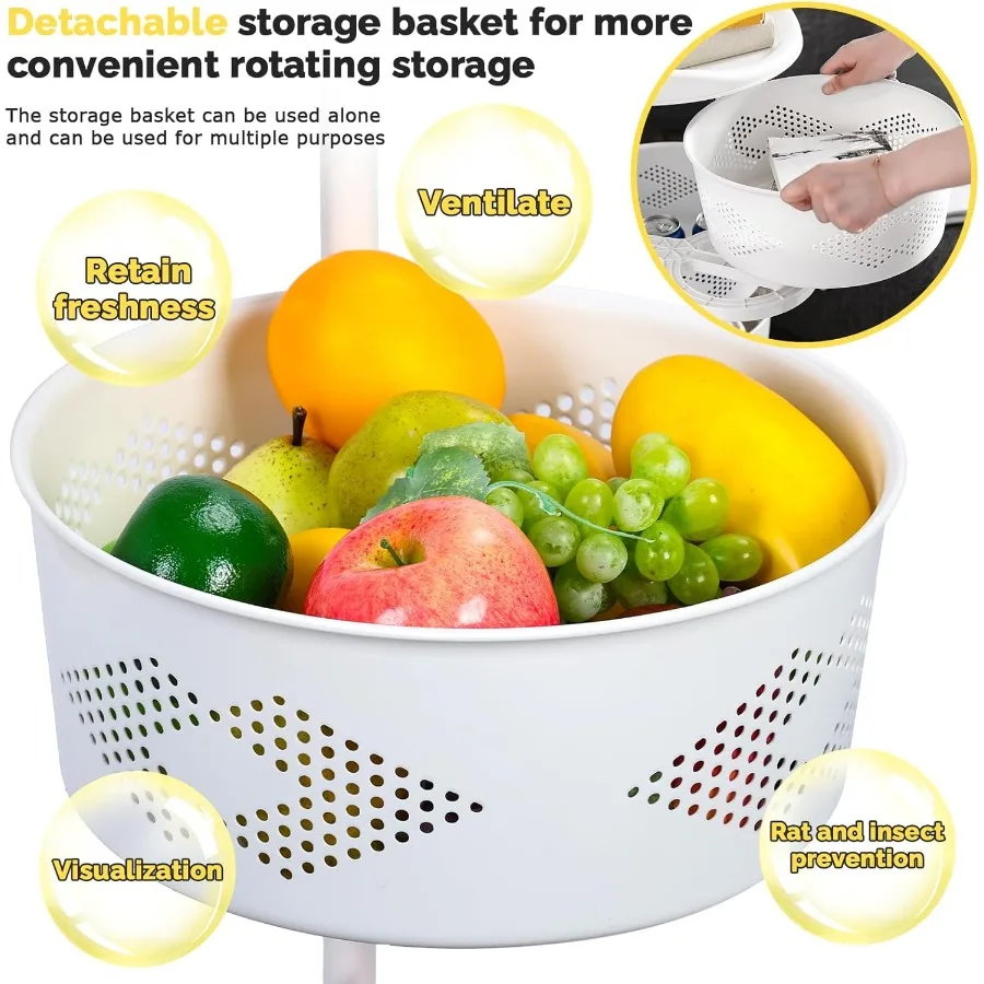 Fruit and Vegetable Basket Bowls for Kitchen with Metal Top Lid 5 Tier Rotating Storage Rack Cart for Potato Onion Bread Banana