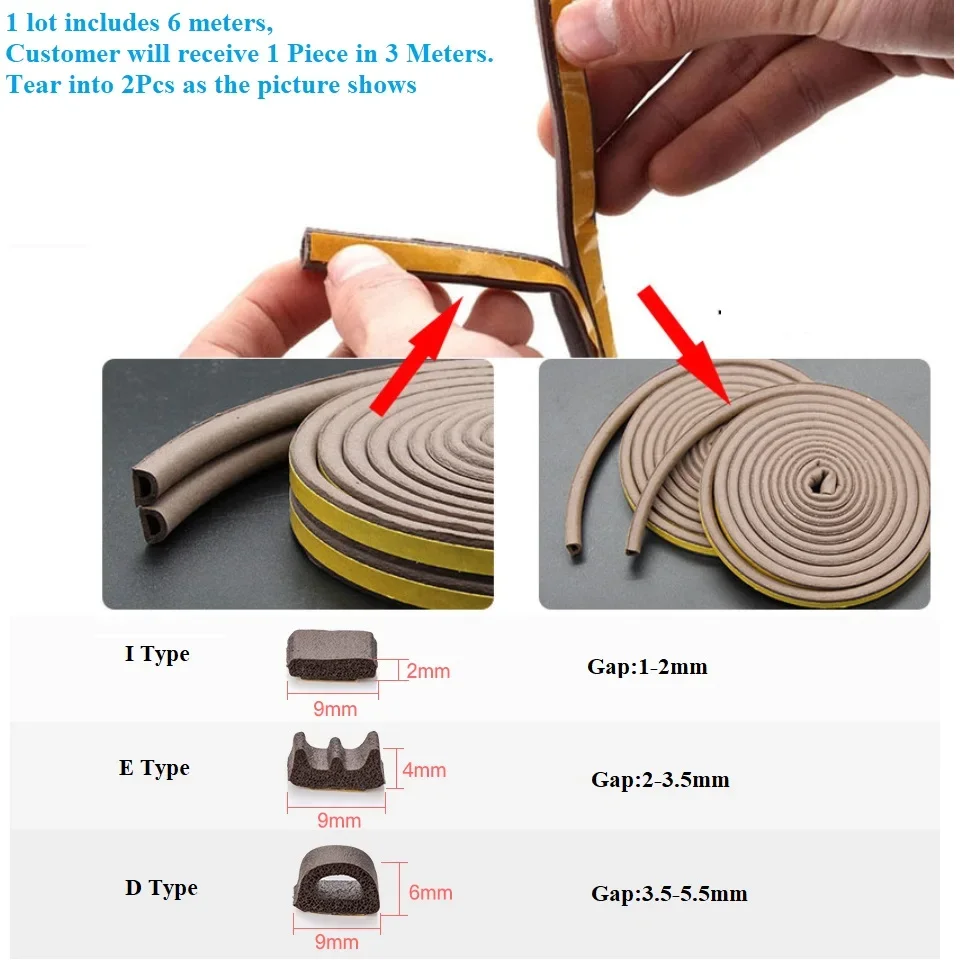 6Meters Self Adhesive Door Window Weather Stripping Foam Seal Strip Soundproofing Draught Gap Blocker Filler Collision ering