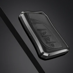 Premium Aluminum Alloy Leather Car Key Case Cover - Elegant Auto Key Protection Accessory (Black 3 buttons)