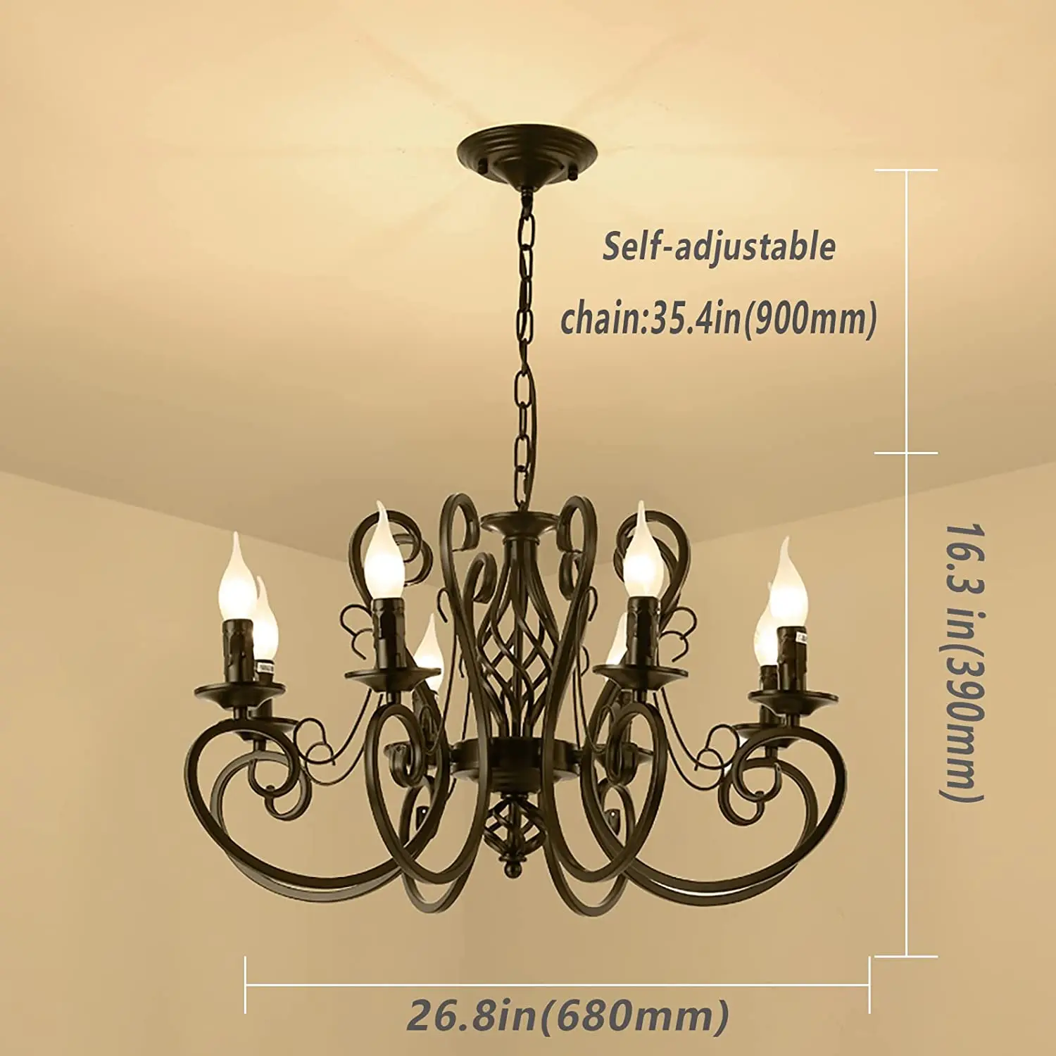 Vintage Wrought Iron Chandelier Candle Light Black Metal