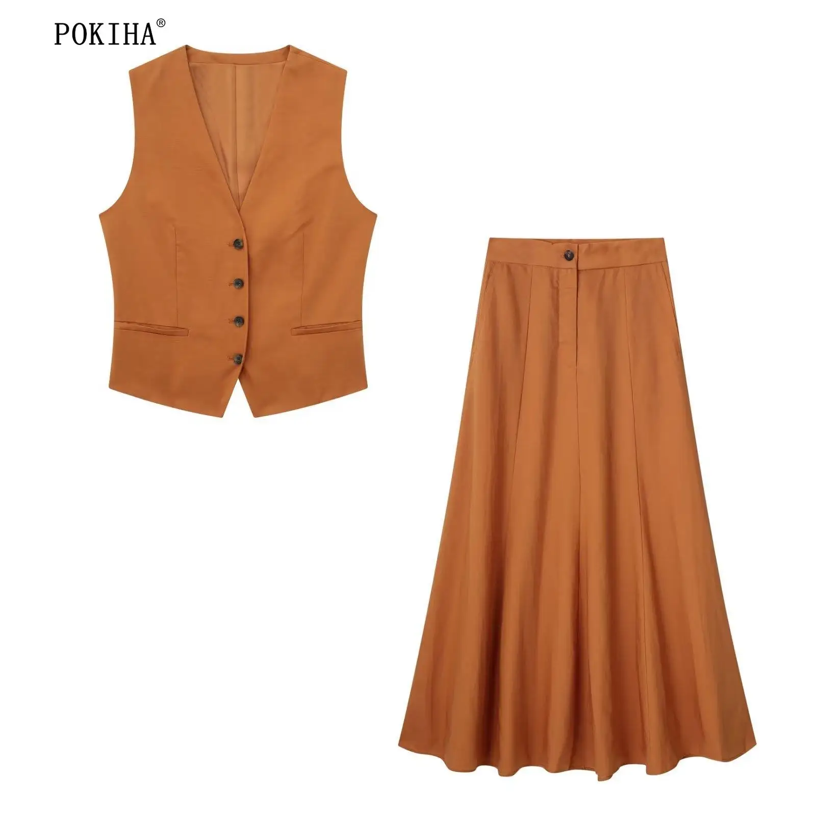 Pokiha Fashion Women Vintage Linen Front Buttons Cropped Waistcoat And Elegant Mid Waisted Midi Dress Female Chic Two_voghion.com