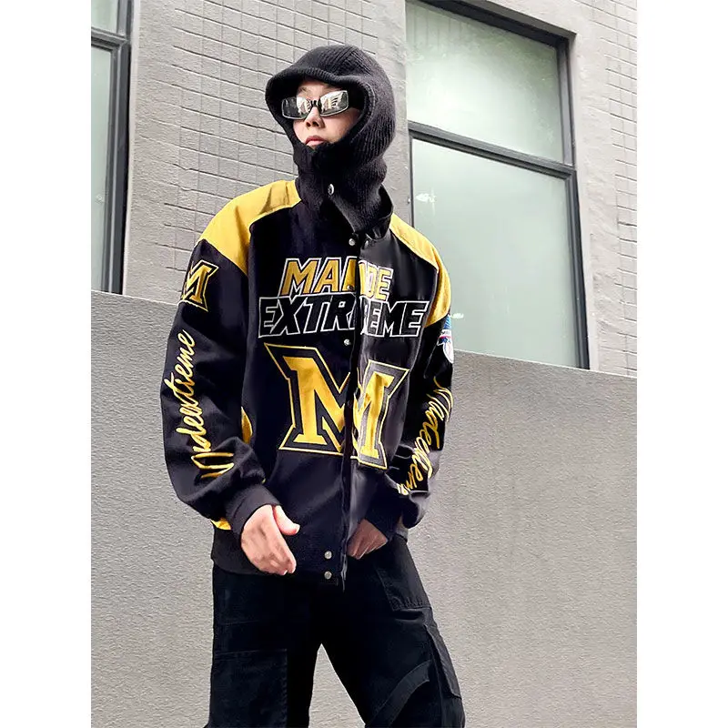 

Retro motorcycle jacket men and women autumn ins tide brand European and American high street hiphop embroidery baseball uniform