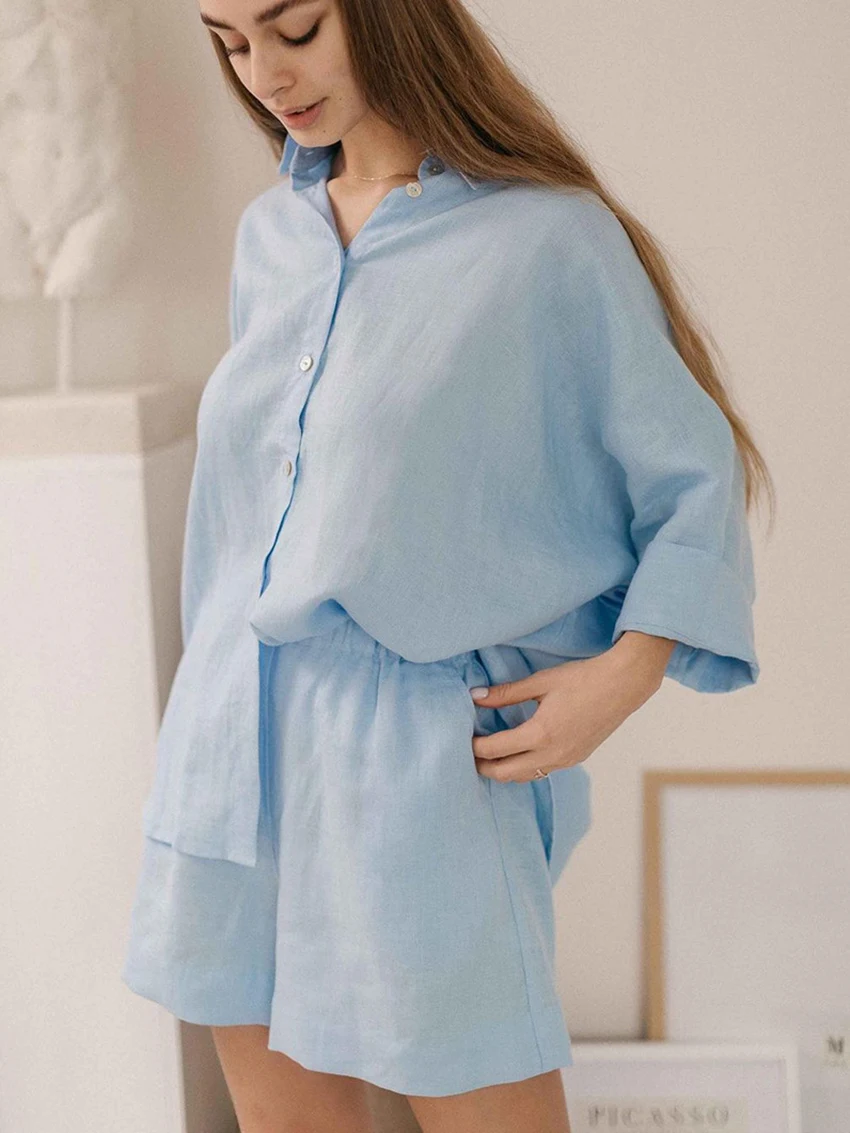 Marthaqiqi Cotton Women Pajama 2 Piece Suit Turn-Down Collar Sleepwear Long Sleeve Nightgowns Shorts Casual Home Clothes Ladies