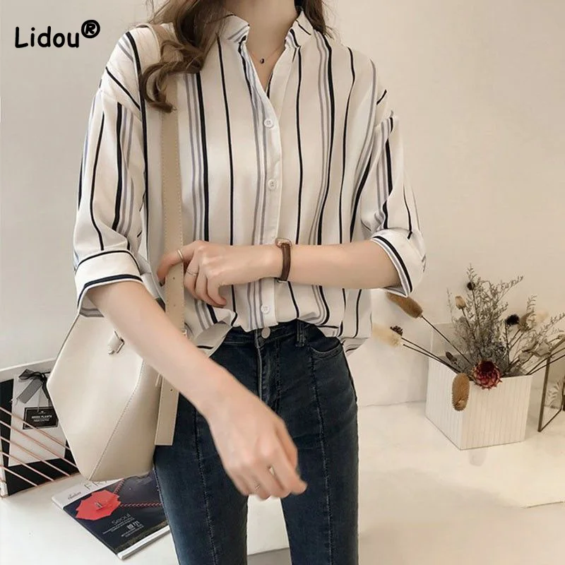 

Trendy Stand Collar Contrasting Stripes Printed Single Breasted Shirt Spring Office Lady Three Quarter Sleeve Chiffon Blouse