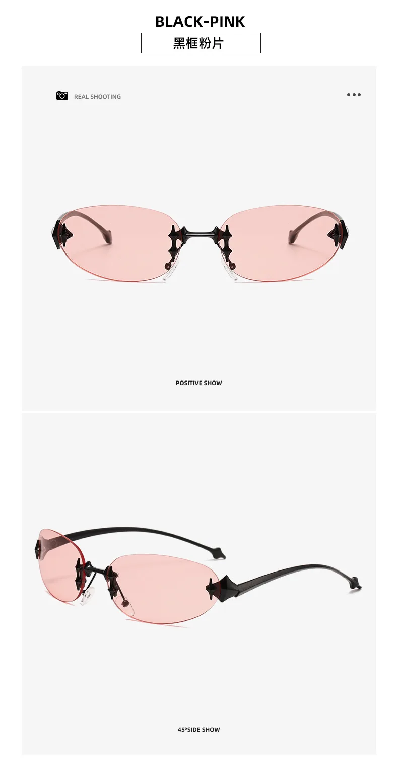 Vintage randlose rosa Spiegel Y2K Sonnenbrille für Frauen neue Mode Legierung Stern Nieten Sonnenbrille Damen Hip Hop sexy Farbtöne fahren – Detail 12