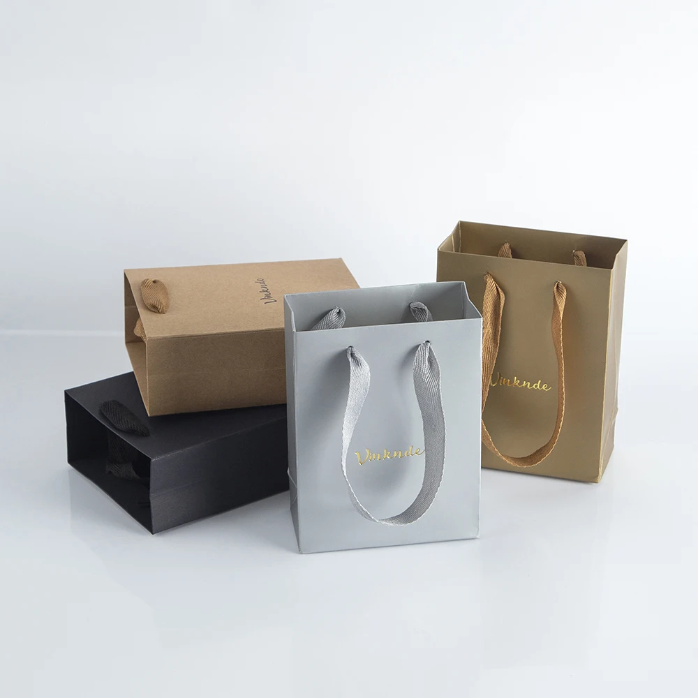 100Pcs/Lot Custom Paper Tote Bags With Ribbon Cardboard Jewelry Gift Packaging Pouch Chic Small Wedding Ring Shopping Gift Bag