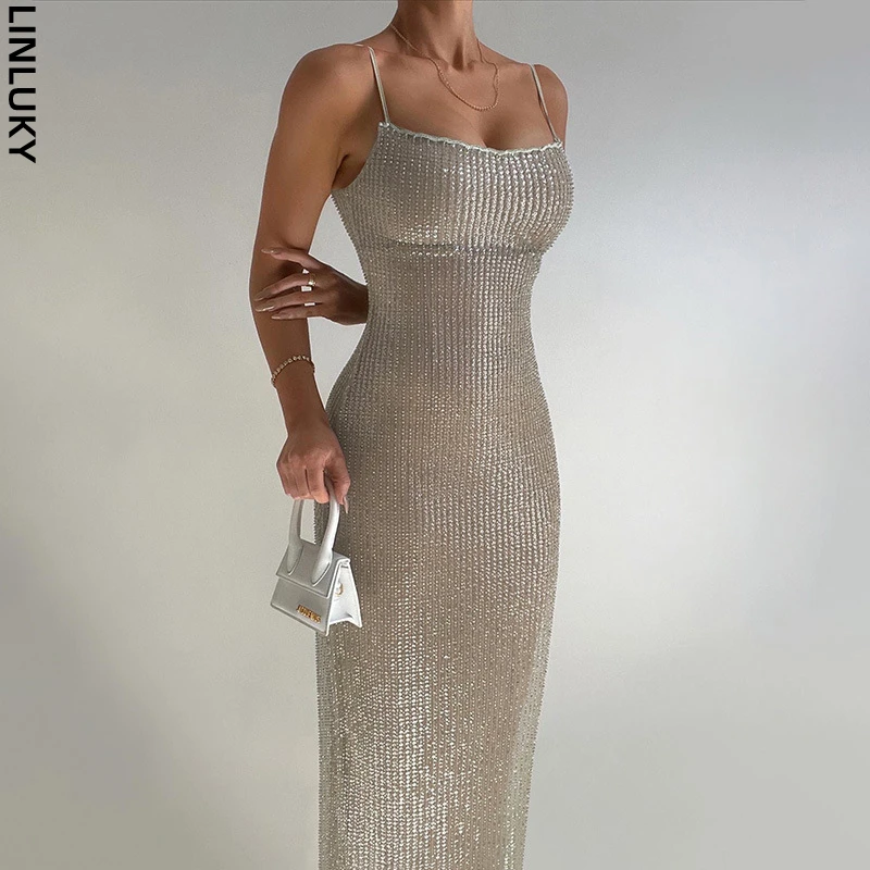 

Summer Sexy Fashion Knitted Long Dress For Women Sleeveless Casual Bead Sling Club Party Evening Long Dresses Woman Clothing