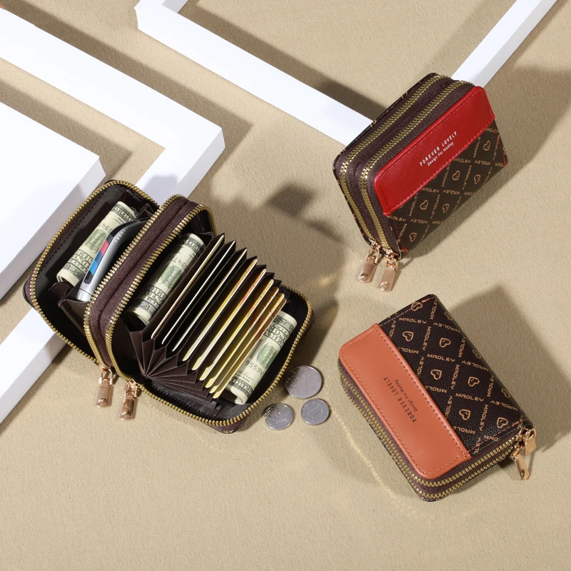 RFID-Schutz Mini Wallet-schickes Kunstleder mit doppeltem Reiß verschluss, mehreren Karten fächern und Slip-Pocket, kompakte klassische Clutch – Detail 11