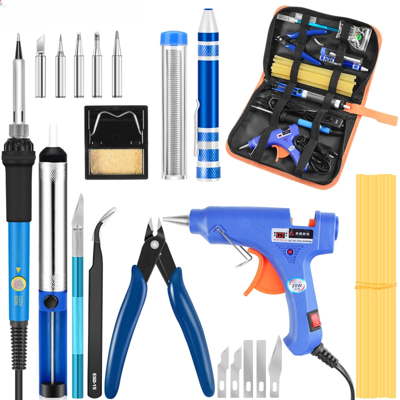 Handskit 60W EU 110/220V Electric Soldering Iron Adjustable Temperature Screwdriver Carving Welding Kit With Glue Gun Stick Set tacray titanium multifunction keychain utility knife carabiner clip edc ourdoor camping cutting tool with screwdriver corkscrew