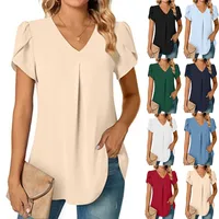 Sexy V Neck Ruffle Short Sleeve Blouse Shirts Summer Women V Neck Solid Color Loose OL Workout Blouse Tops SZE-ST23015 1