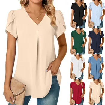 Sexy V Neck Ruffle Short Sleeve Blouse Shirts Summer Women V Neck Solid Color Loose OL Workout Blouse Tops SZE-ST23015 1