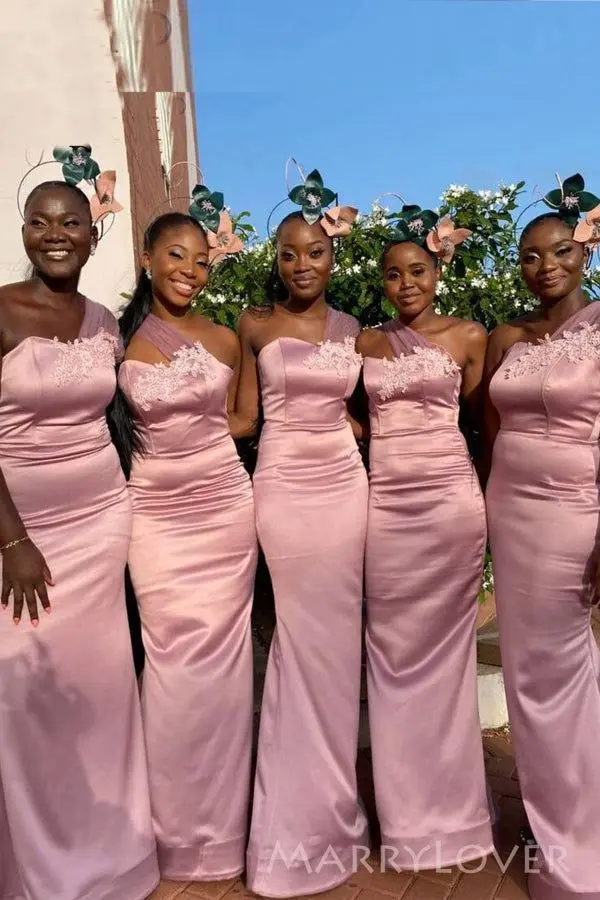 

New African Blush Pink Mermaid Bridesmaid Dresses Wedding Guest Dress Pearls Halter Neck Pearls Floor Length Plus Size Maid 001