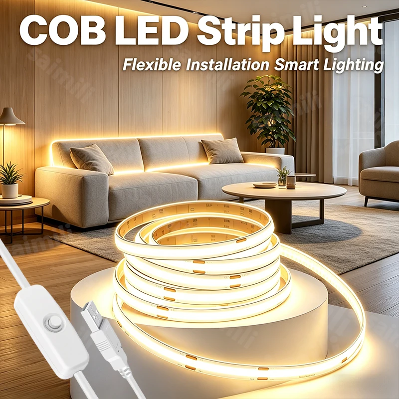 5V COB LED 스트립 라이트 버튼 스위치 LED 램프 스트립 320LEDs/m 유연한 테이프 리본 크리스마스 홈 침실 파티 장식 조명
