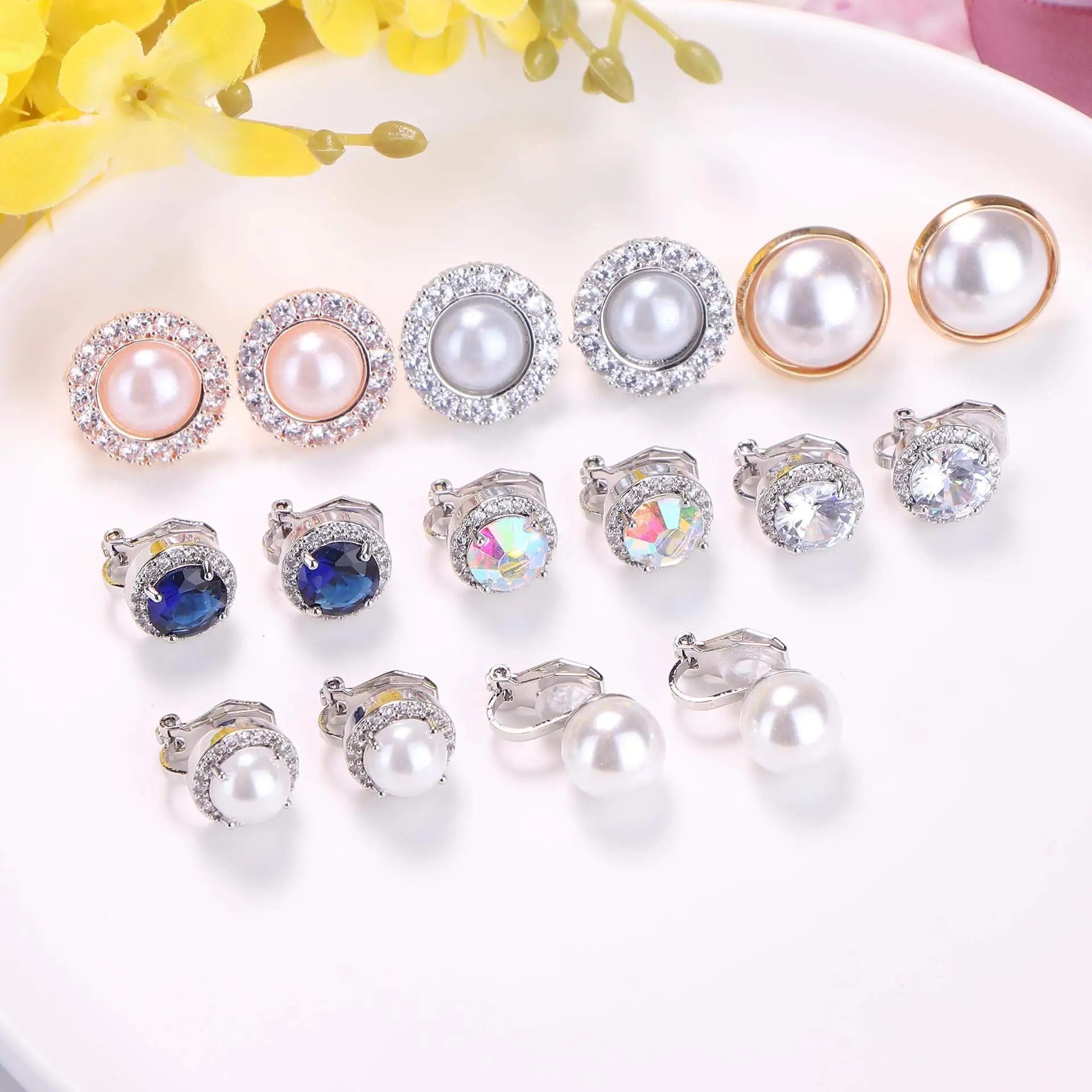 1Pair Candy Color Colorful Geometry Zircon Pearl Earrings European Style Earclip Earnail Women Ear Clip Fake Piercing Earring ear clip earrings clip earrings ear clip