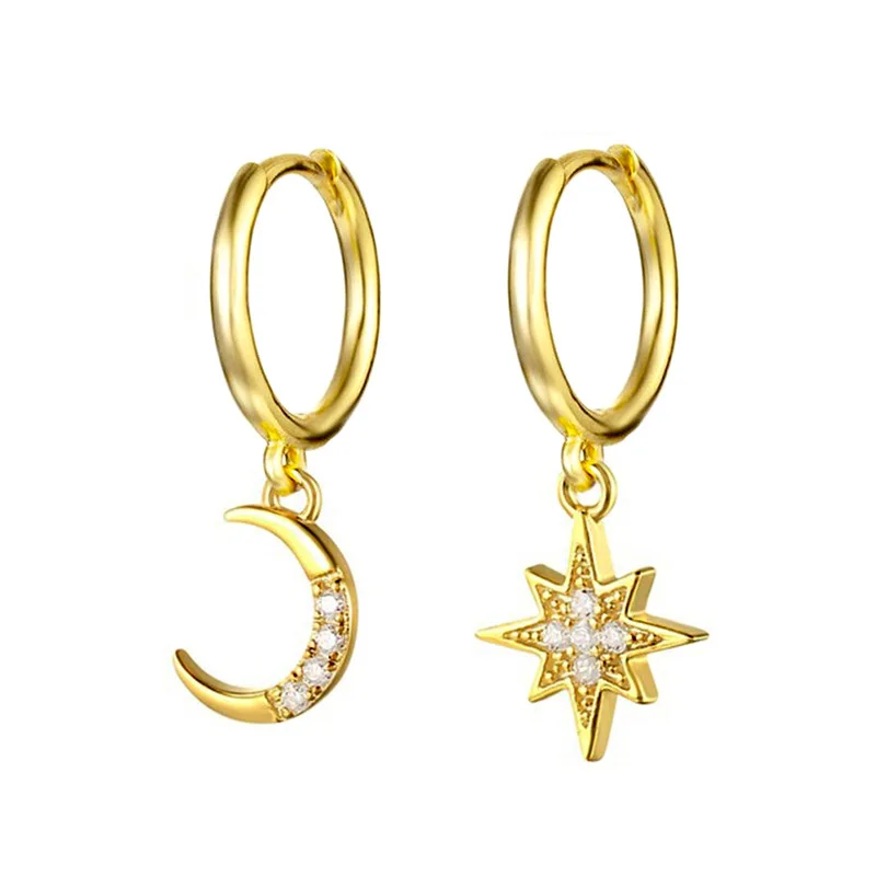 Prevent Allergy 925 Silver Needle Asymmetrical Star Moon Earrings Crystal Charms Stud Earrings For Women Girls Jewelry eh375 silver earrings silver stud earrings womens earrings silver needle earrings crystal ear studs