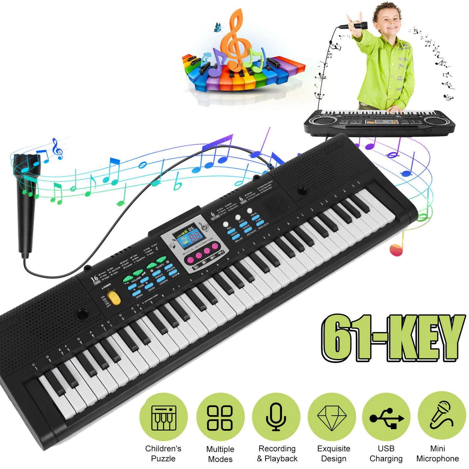 Electronic Musical Instrument 61 Keys Digital Multifunctional Electric Piano Electronic Keyboard with Microphone Function for Kids Student