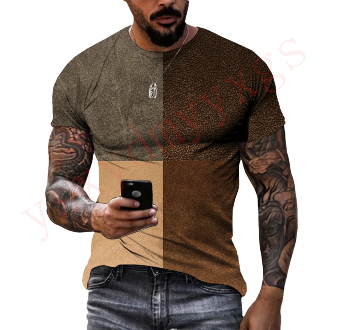 

Summer Tide Lmitation Leather Picture Men T-Shirts Casual 3D Print Tees Hip Hop Personality Round Neck Short Sleeve Tops