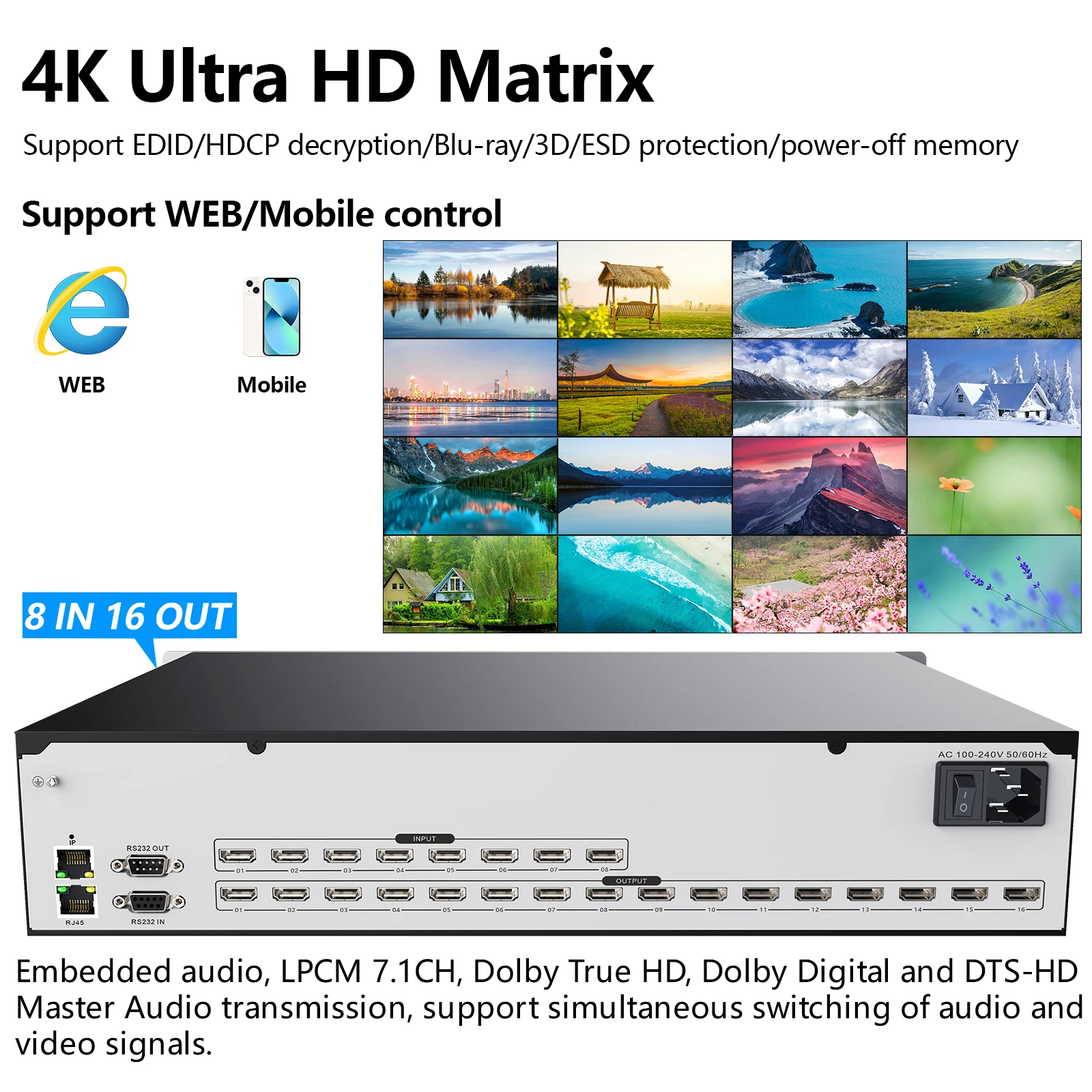 

8x16 Profesional HDMI Matrix Switch Splitter 8 in 16 out 4K 30Hz Video Wall 4x4/8x8/16x16 With Audio Video Switcher Web Control