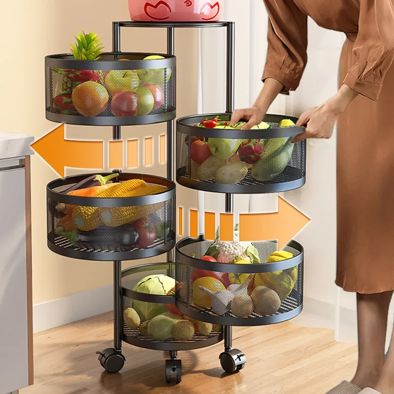 Stainless Steel 5 Layers Kitchen Bathroom Rotating Shelf Baskets Fruit Vegetable Storage Racks Floor Round Organizer with Wheels 2