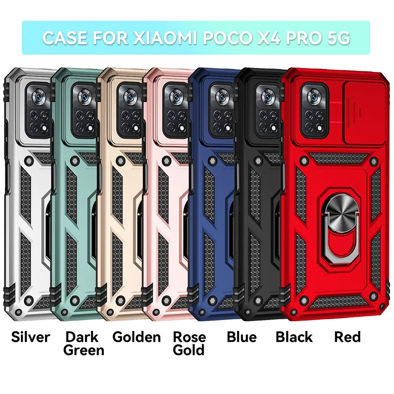 Enhanced Armor Case with Slide Window Lens Protector and Magnetic Holder Ring for Xiaomi Poco X4 Pro 5G