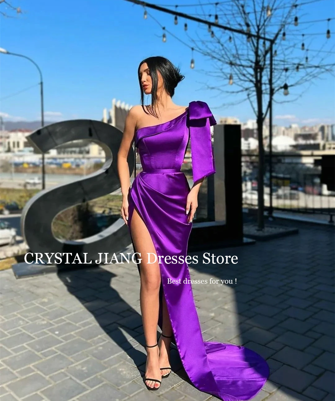 

Elegant One Shoulder Satin Prom Dresses Sleeveless with Slit Vestidos De Gala A Line Sweep Train Formal Occasion Dress