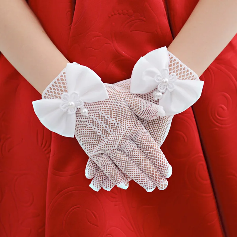 Sladké kvést děvče krátký rukavice pletivo luk krajka perla rukavice děti móda elegantní rukavice palčáky svatební večírek dekorace