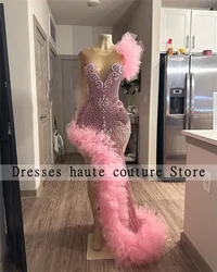 Luxury Pink One Shoulder Prom Dresses 2024 For Black Girl Rhinestones Crystal Ruffles Side Slit Evening Dresses Party Dress