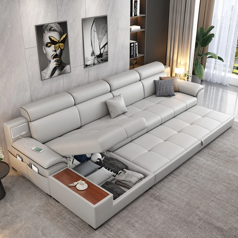 

Cream Style Cat Scratch Leather Dual-Use Sofa Bed Living Room Small Apartment Foldable Retractable Multifunctional Storage