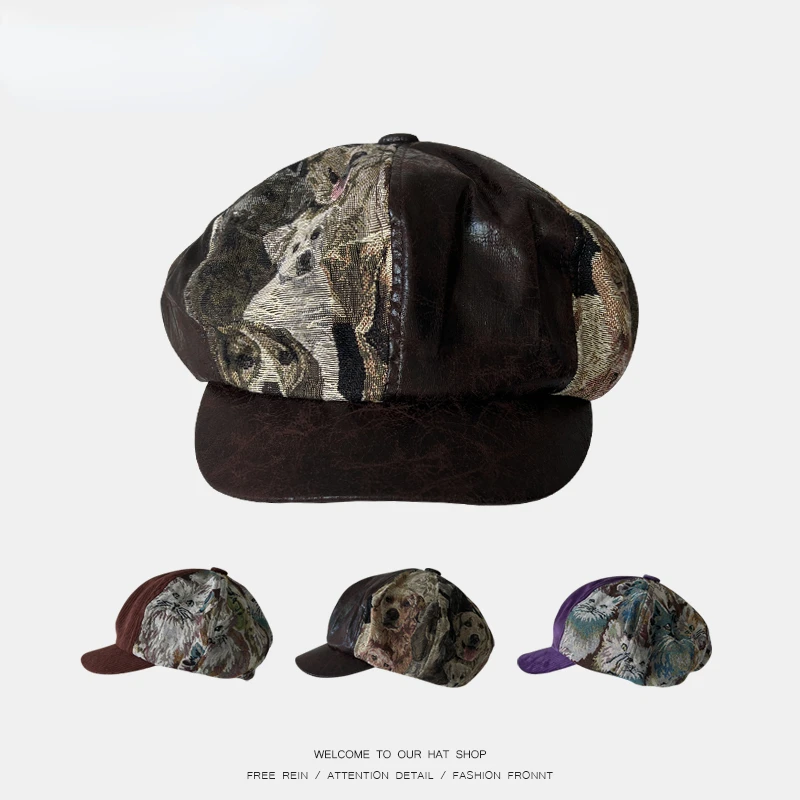 

Japanese Autumn Winter Retro Leather Octagonal Beret Women Corduroy Cat Dog Jacquard Splicing Painter Hat Newsboy Cap for Men