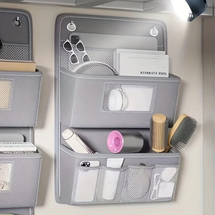 Wall-Mounted Storage Organizer Multi-Compartment Fabric Hanging Bag with Viewing Window Hooks For Office Closet