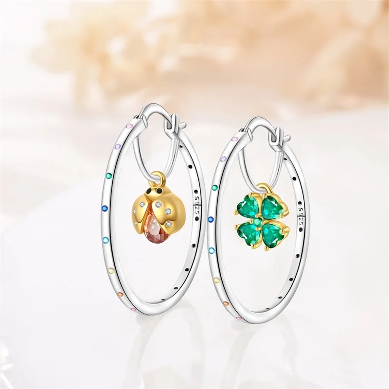 S2decf4046dd747a4a671c5a9753c0eb03 Original 925 Sterling Silver Green Clover Ladybug Earrings Women Zircon Ear Studs Hoop Earring Anniversary Jewelry Gift Mallzona