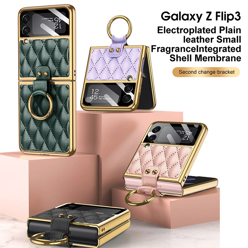 

Чехол для Samsung Galaxy Z Flip5 Flip4 Z Flip3, однотонный кожаный складной чехол для телефона с кольцевой подставкой, полноразмерный защитный чехол