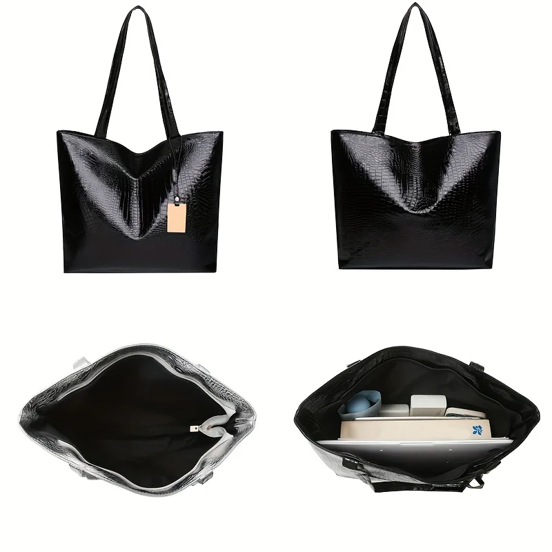 Vintage Women's Tote Bag, Large Capacity Handbag Shoulder Bag with Zipper Closure, Metallic Finish Handbags for Work, Parties