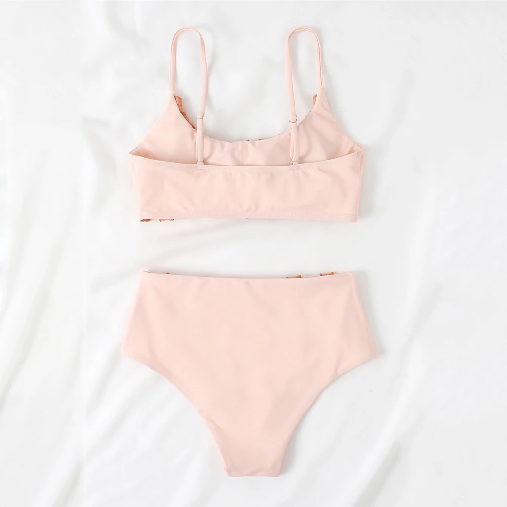 Swimwear Women 2023 New Arrival Summer High Waist Bikini 3D Ruffles Sexy Biquini Beachwear Young Ladies Pink Bathing Suit