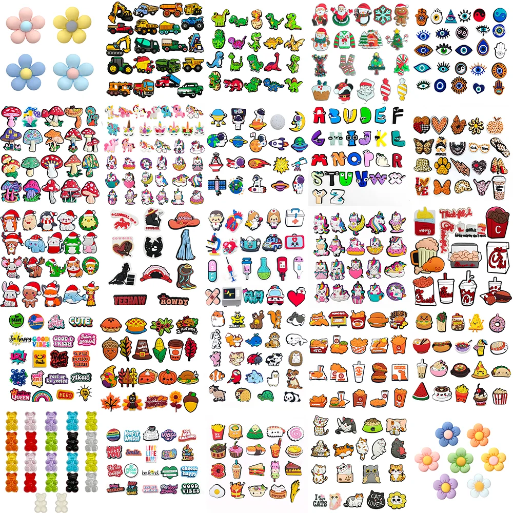

25 Set Cartoon Animals Shoe Charms Phrasal Flower Food French Fries Shoe Decoration PVC Accessories Girls Gifts