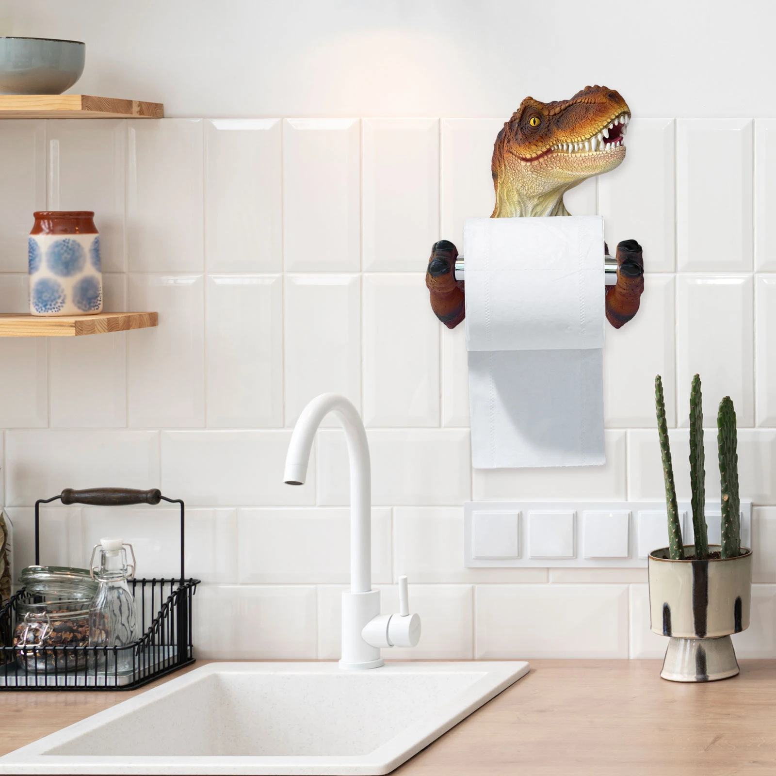 3D Dinosaur Toilet Paper Holder Organization Wall Storage Toilet Roll Holder Shelf Organizer Punch Free for Bathroom Shower Room Toilet Paper Holder Toilet Roll Holder