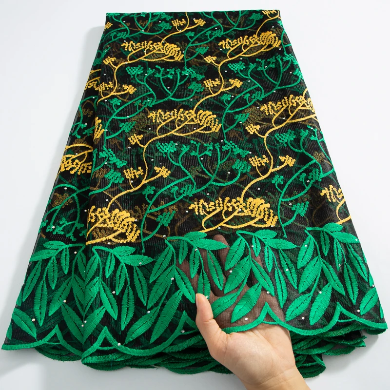 

Latest Nigerian Net Tulle Lace Fabric African Embroidered Mesh Lace Fabric With Crystals 5 Yards For Elegant Evening Party A3707