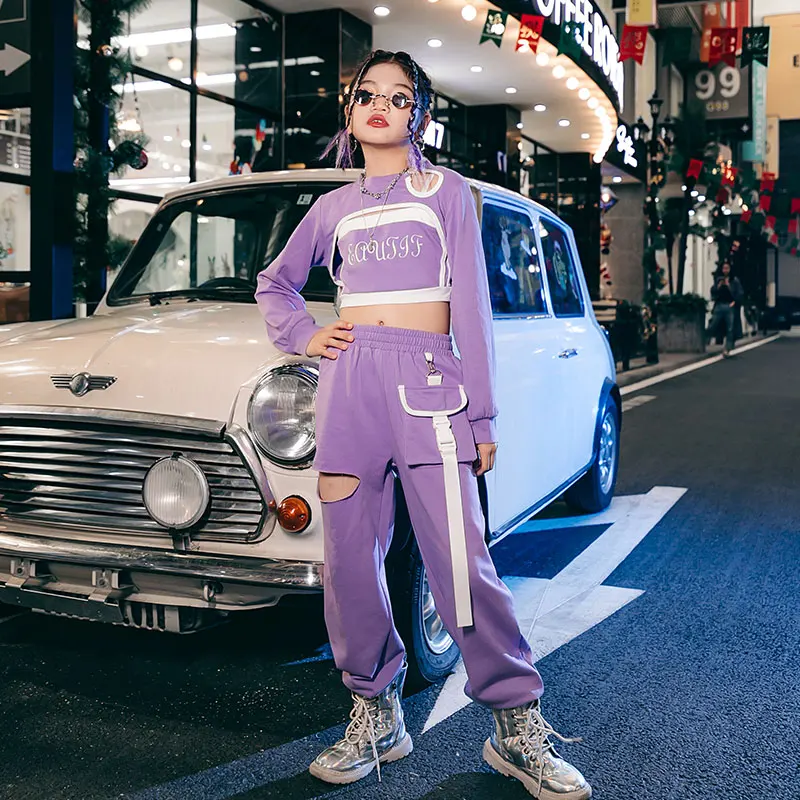 

Girls Hip Hop Suit Professional Kids Street Dance Practice Purple Clothes Children Jazz Dance Clothing Festival Costumes DQL6696