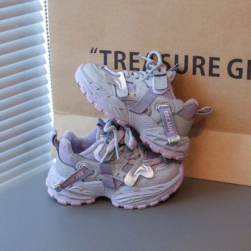 Winter Kids Fleece Walking Shoes Non Slip Thick Sole