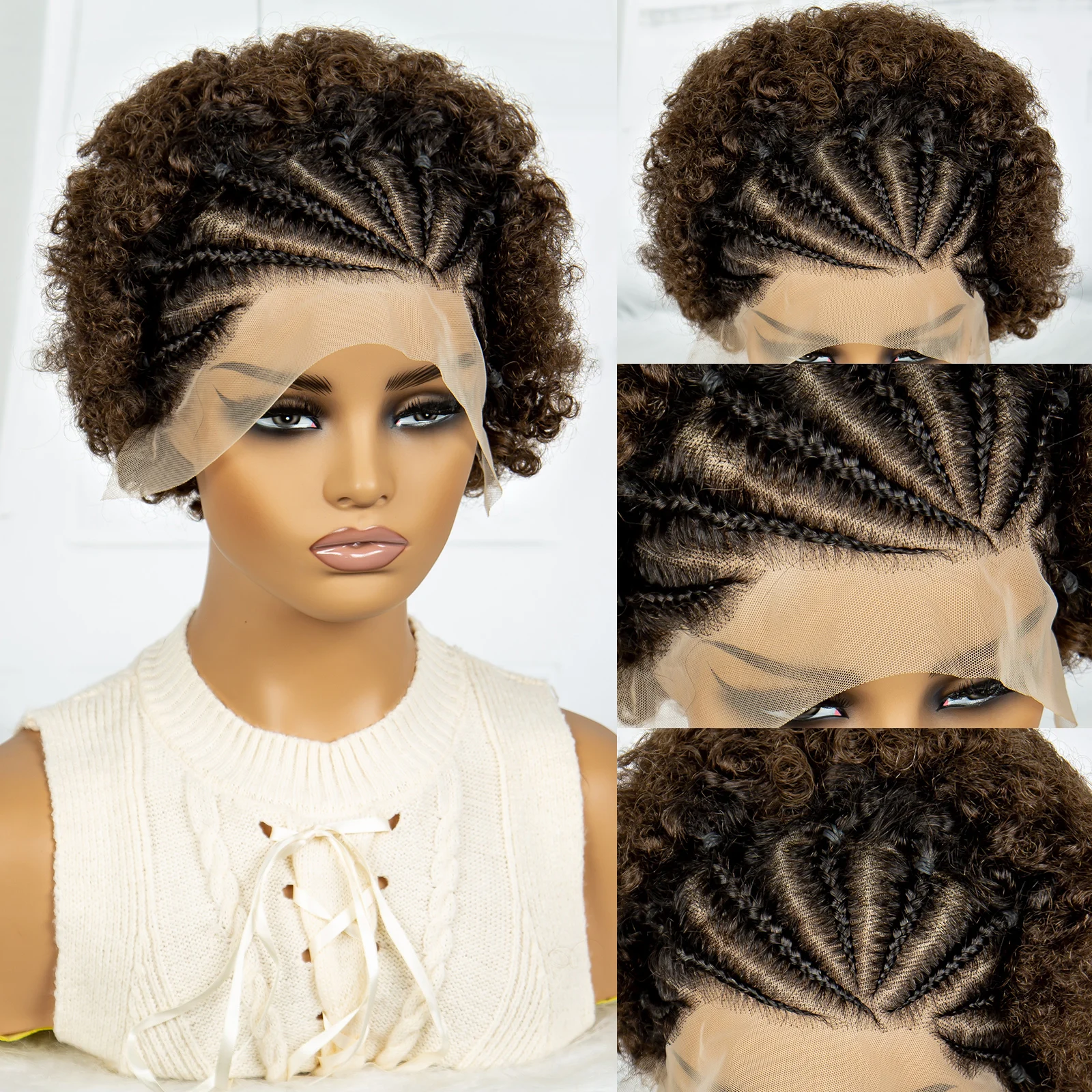 250% Density Human Hair Braids Afro Kinky Curly Bouncy Human Hair Wig 13x4 Transparent Lace Frontal Hair Wig for Black Women 8"