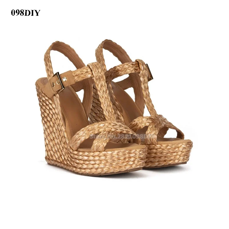 

Gold T-Bar Espadrille Wedge Heeled Women's High Heel Sandals Slingback Buckle Strap Heeled Shoes Suitable Summer Party Shoe