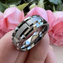 Silver Matte Groove Stainless Steel Ring - Unisex Wedding & Party Band Jewelry - 8